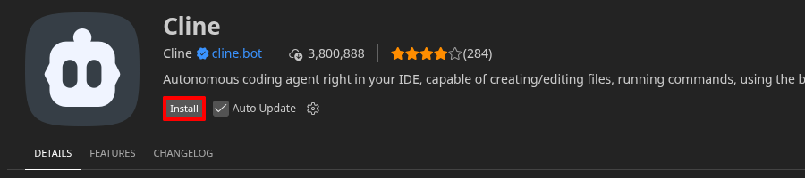 Карточка расширения Cline в VS Code Marketplace с кнопкой Install